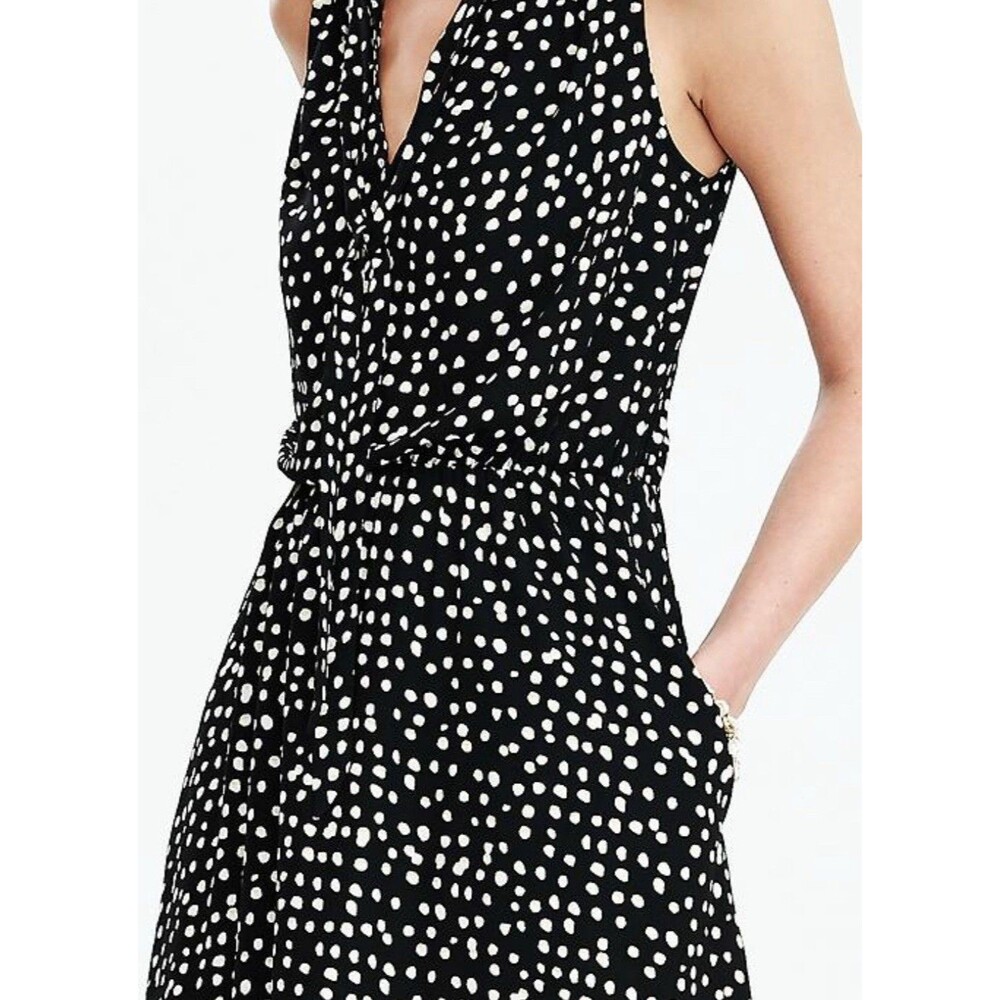 Banana Republic Polka Dot Sleeveless Mini Dress  Tie Neck Black Teacher Chic-S